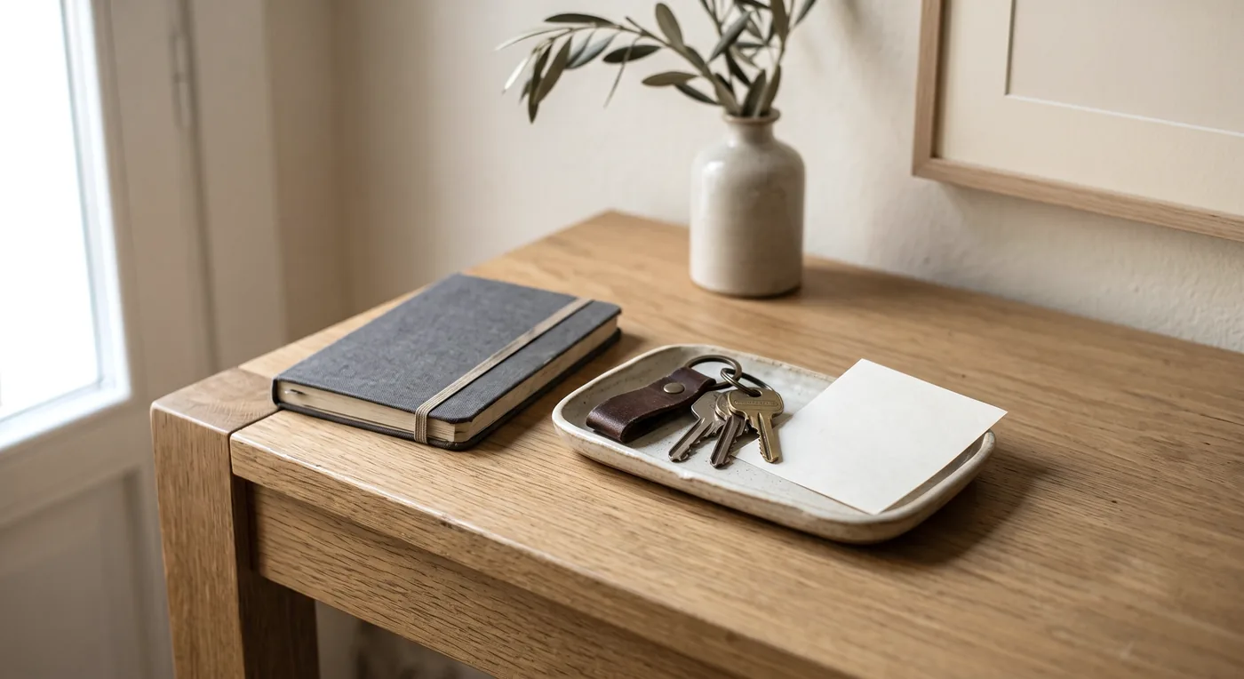 House keys in a ceramic tray on an oak console table